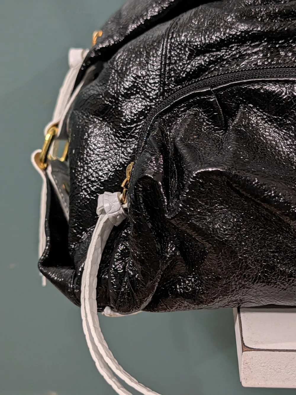 NWOT Sharif Studio Black Patent White Croc Leather Shoulder Bag + Accessory